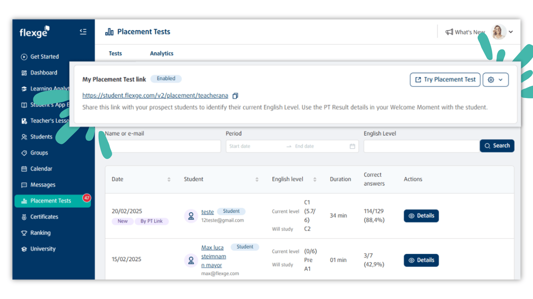 Como compartilhar o Placement Test Link?